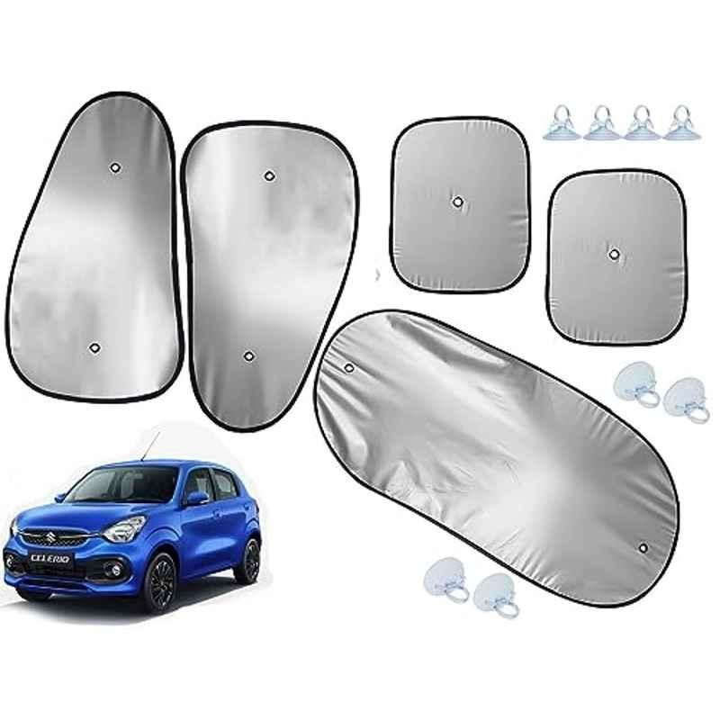 Auto Pearl 5 Pcs Polyester Black & Silver Window & Rear Sun Shade Set for Maruti Suzuki Celerio 2021