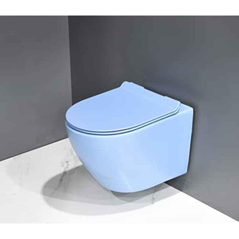 InArt Ceramic Blue Wall Mounted Rimless P Trap Western Commode with Soft Close Seat Cover, INA-231