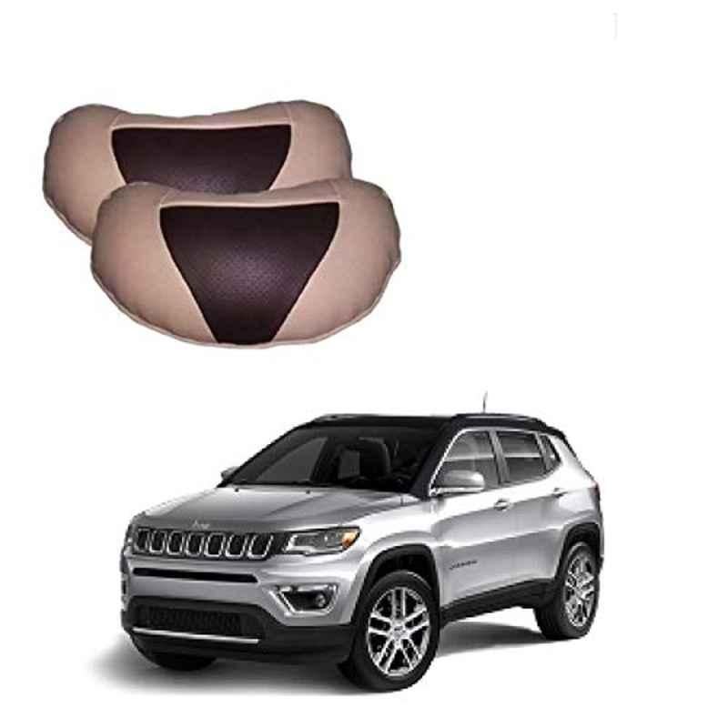 Kozdiko 2 Pcs Beige & Brown Car Neck Rest Cushion Pillow Set for Jeep Compass