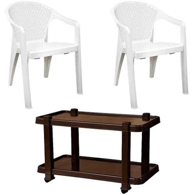 Italica 2 Pcs Polypropylene White Oxy Arm Chair & Nut Brown Table with Wheels Set, 5202-2/9509