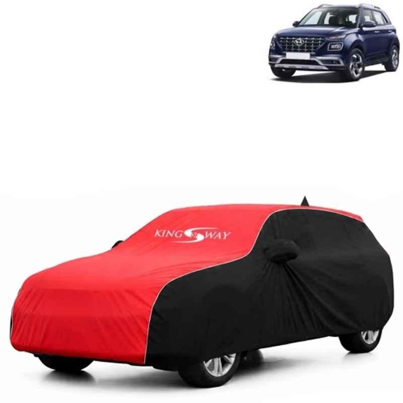 Kingsway Super Waterproof All Weather Protection Polypropylene Black & Red Car Cover for Hyundai Venue 2019 to 2022 with Silver Piping, Mirror & Antenna Pockets