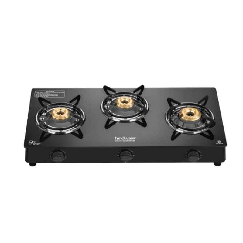 Hindware Miracle 3B Glass Top Cooktop with 3 Brass Burner & Manual Ignition