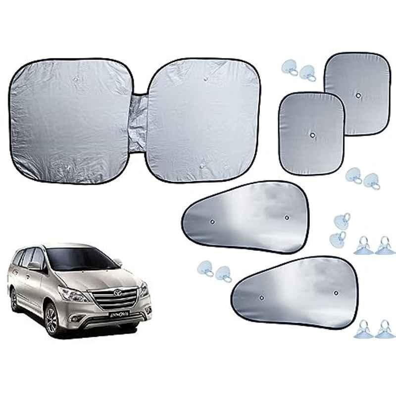 Auto Pearl 5 Pcs Polyester Black & Silver Window & Front Sun Shade Set for Toyota Innova 2013-2015