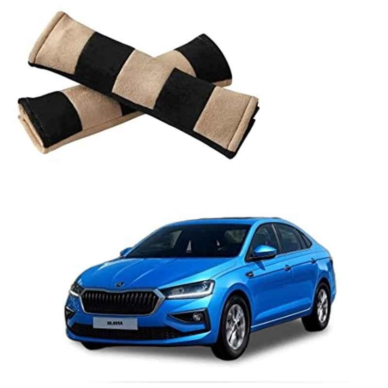 Kozdiko 2 Pcs Beige & Black Car Seat Belt Cushion Pillow Set for Skoda Slavia