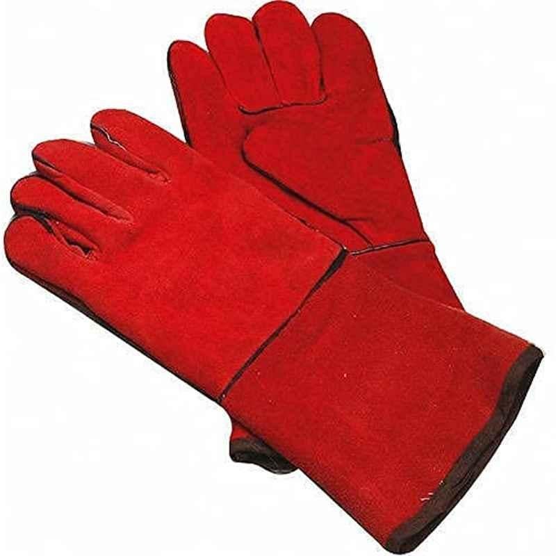 Abbasali Leather Welding Gloves Wear Tear And Heat Resistant Fire Proof Stitched Inner Lining Insulated Comfortable Sweat Absorbent One Size Forearm Half Covered Red Color Pack Of 2 Pair