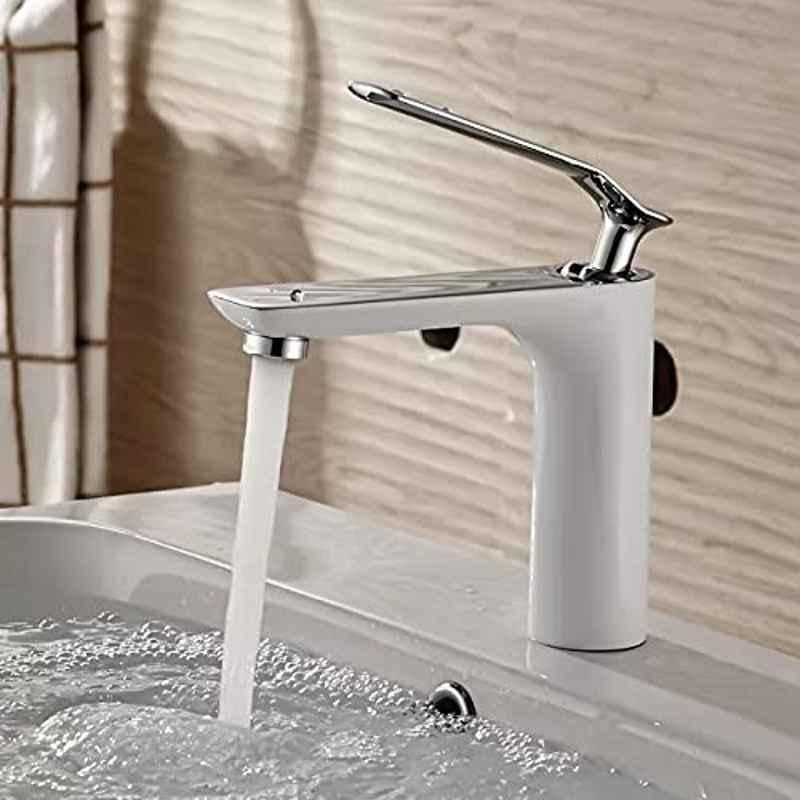 ZAP Brass Hot & Cold Basin Mixer Faucet Tap with White Body & Chrome Handle