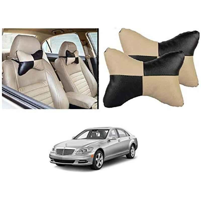 Kozdiko 2 Pcs Black & Beige Car Square Chess Design Neck Rest Seat Pillow Set for Mercedes Benz S-Class