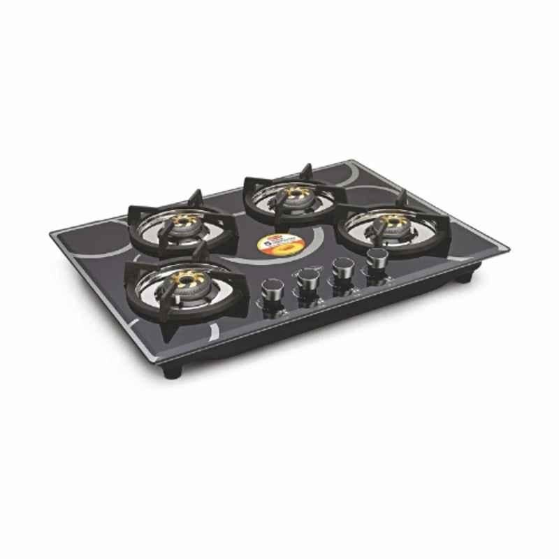 Padmini 4 Burner Stainless Steel Black Automatic Ignition Glass Top Gas Stove, Gas Hob CS-404 GL IB