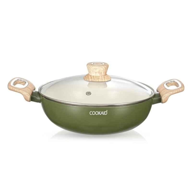 Cookaid Velora 2 Litre Aluminium Olive Green Ceramic Coated Kadhai with Glass Lid, CKD-CC-K22-25