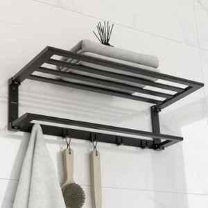 Plantex Folding Towel Rack with Towel Rod and Hooks for Bathroom/24 inch Aluminium Towel Hanger/Stand/Bathroom Accessories Black, 6900