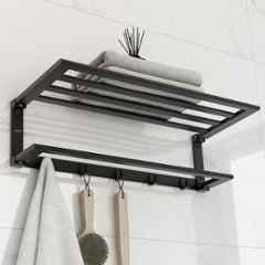 Plantex Folding Towel Rack with Towel Rod and Hooks for Bathroom/24 inch Aluminium Towel Hanger/Stand/Bathroom Accessories Black, 6900