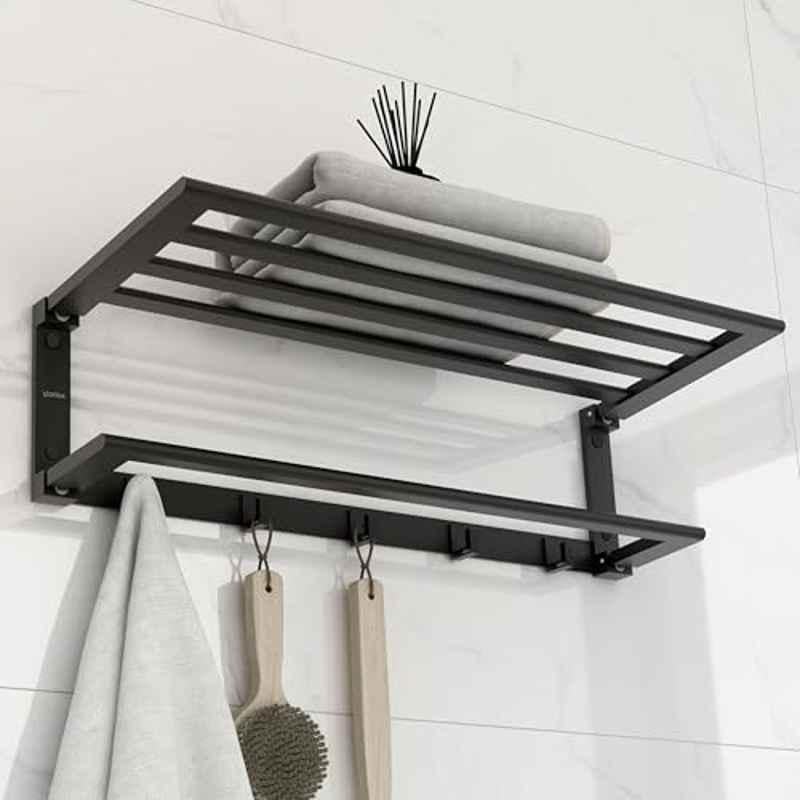 Plantex Folding Towel Rack with Towel Rod and Hooks for Bathroom/24 inch Aluminium Towel Hanger/Stand/Bathroom Accessories Black, 6900