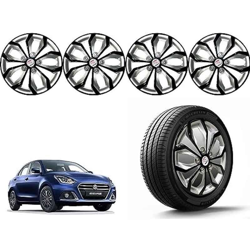 Auto Pearl 4 Pcs 14 inch Polypropylene Black & Silver Press Type Car Wheel Cover Set with Retention Ring for Maruti Suzuki Swift Dzire 2022 Onwards, 14WC_Pearl_Rev_Dzire2022onwards