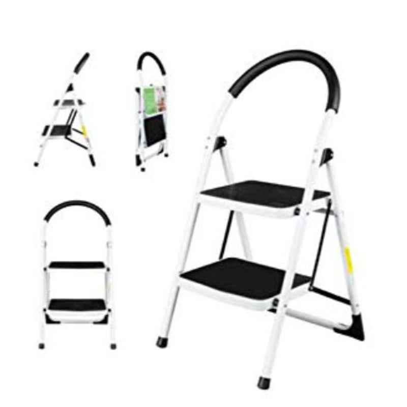 330lbs 2 Step Plastic White Foldable Ladder with Rubber Handgrip & Non-Slip Tread