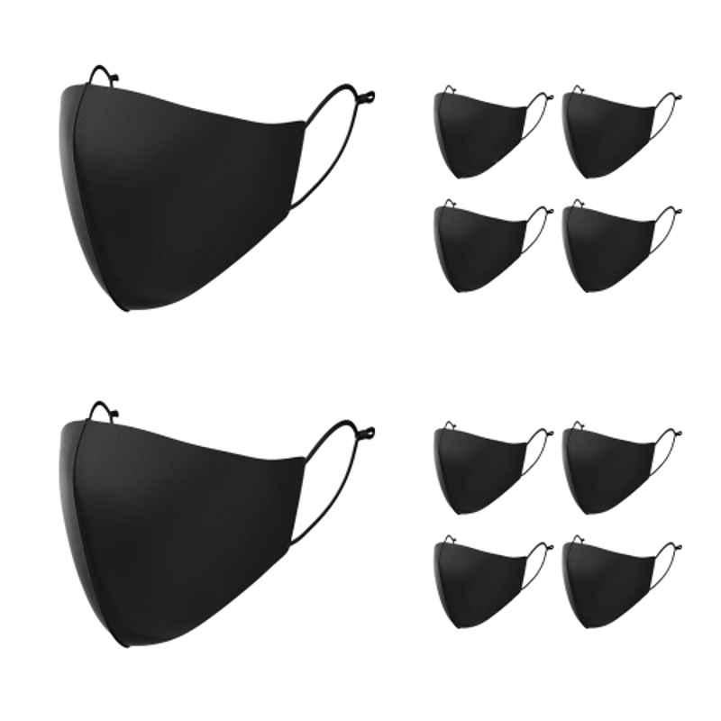 Arcatron 10 Pcs 3 Layer Polyester Black Washable Face Mask Set with Adjustable Ear Loop, MK-ULT-L-B10, Size: Large