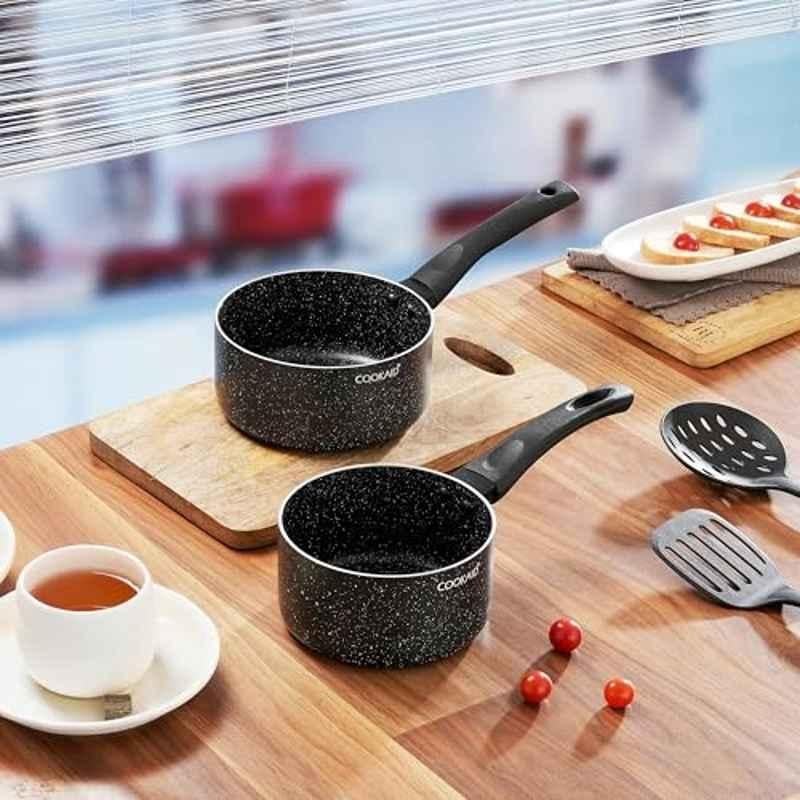 Cookaid Neo Glide 2 Pcs 1.05 & 1.5 Litre Aluminium Black Non Stick PTFE Coated Saucepan Set with 2 Pcs Nylon Tool, CKD-NS-SP2-10
