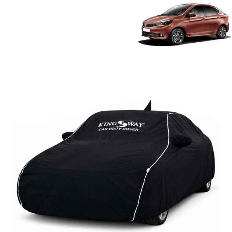 Kingsway Super Waterproof All Weather Protection Polypropylene Black Car Cover for Tata Tigor 2017 Onwards with Silver Piping, Mirror & Antenna Pockets