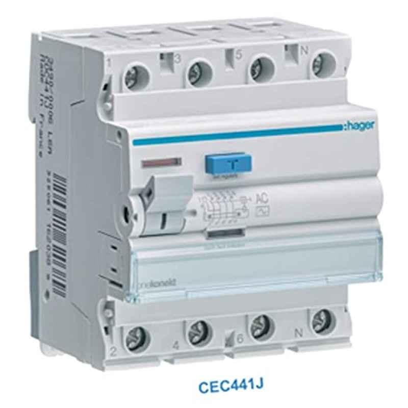 Hager 40A 100mA Four Pole Residual Current Circuit Breaker, CEC441J