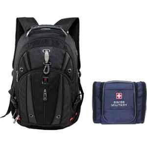 Swiss Military 31 Litre Polyester Black Large Laptop Backpack & Blue Toiletry Bag Combo, LBP76_TB3