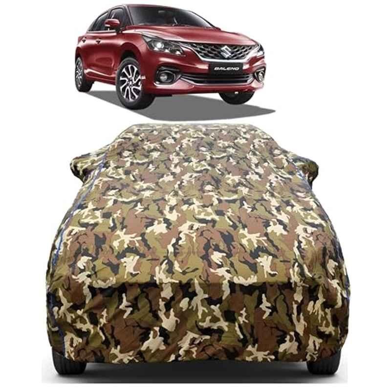 Aarex Auto Polyester Jungle 100% Waterproof Car Body Cover with Mirror Pocket, Inner Cotton Triple Stitched & Adjustable Belt Bottom Elastic for Maruti Suzuki Baleno