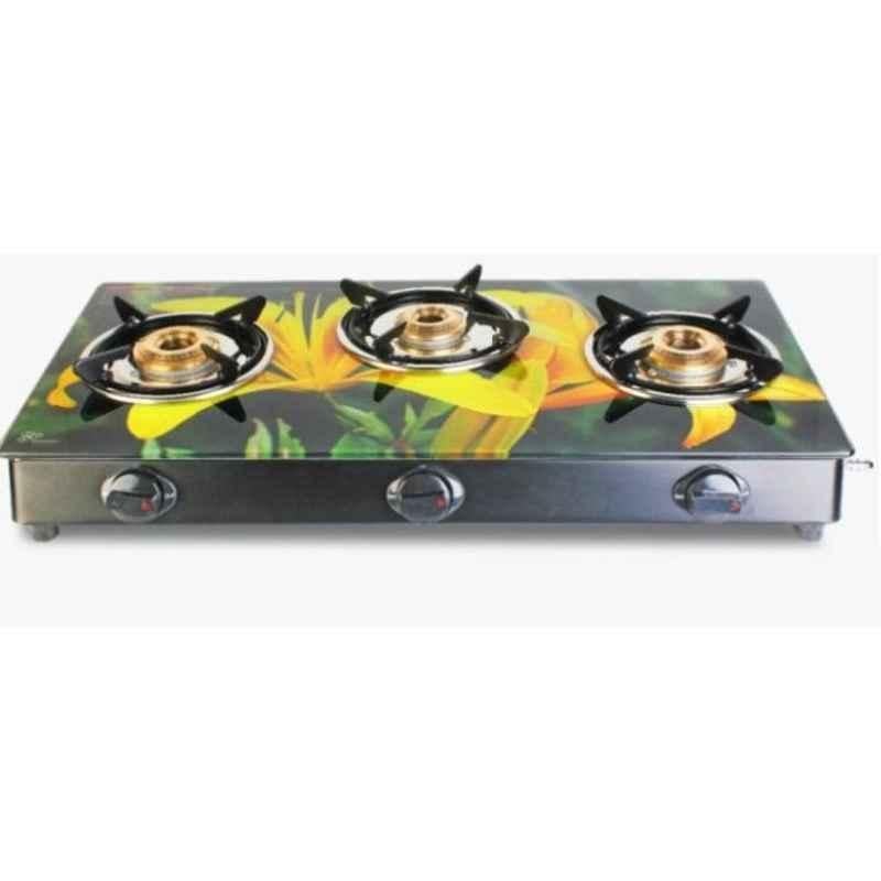Good Flame Kwid Plus 3 Burner Manual Ignitionr Glass Gas Stove with Brass Burner, GF053