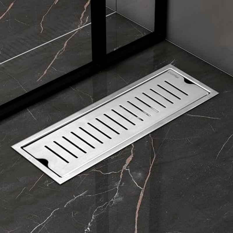 Plantex 304 Grade Stainless Steel Shower Water Drain Channel/12x4 inch Floor Drain/Drainage Cover/Floor Drain Cover with Removable Grate (Vertical, Chrome)