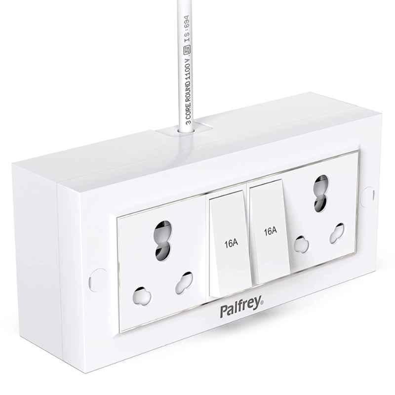 Palfrey 16A/20A 2 Socket White Polycarbonate Electric Extension Board with 2 Switch & 5m Wire, 16165