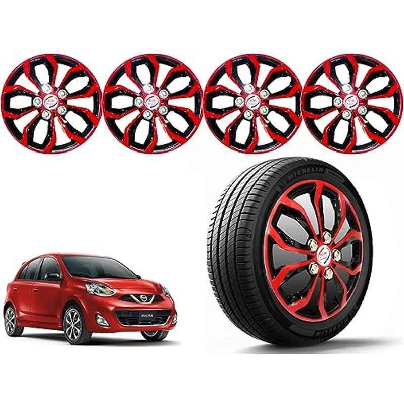 Auto Pearl 4 Pcs 14 inch Polypropylene Red & Black Press Type Car Wheel Cover Set with Retention Ring for Nissan Micra 2015