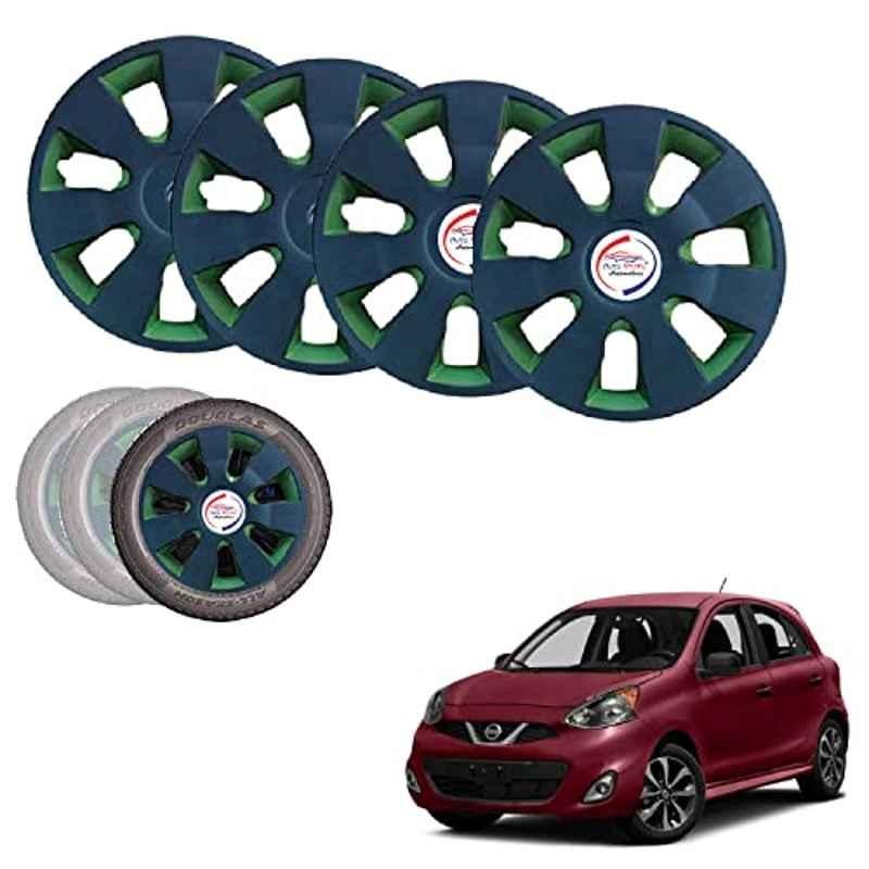 Auto Pearl 4 Pcs 14 inch ABS Black Green Hubcap Wheel Cover Set with Retention Ring for Nissan Micra 2015