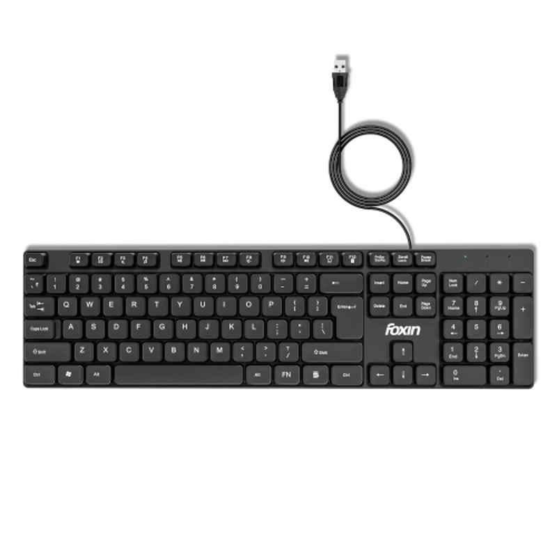 Foxin Keysoft Black 104 Keys Wired USB Keyboard with 1.2m Cable, Multimedia Controls & Rupee Key for PC, Laptop, Mobile & Mac