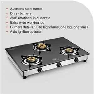 Padmini 3 Burner Stainless Steel Black Manual Ignition Glass Top Gas Stove, 3BR CS-3 GT Tornado