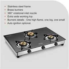 Padmini 3 Burner Stainless Steel Black Manual Ignition Glass Top Gas Stove, 3BR CS-3 GT Tornado