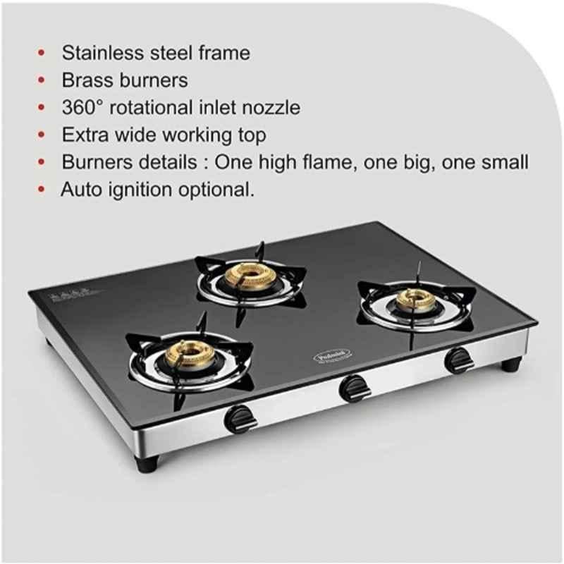 Padmini 3 Burner Stainless Steel Black Manual Ignition Glass Top Gas Stove, 3BR CS-3 GT Tornado