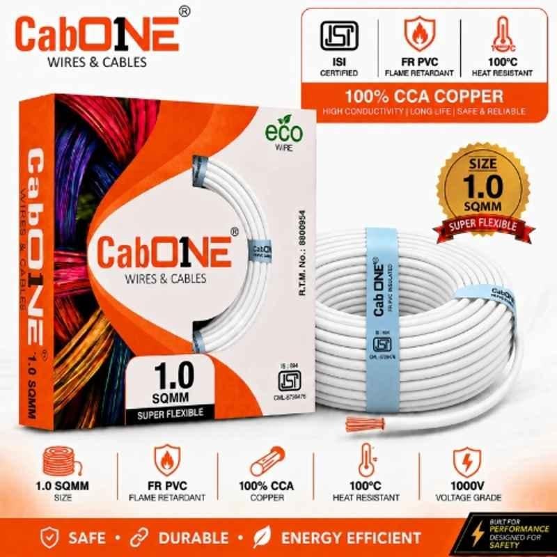 CabONE Lite 1 Sqmm White Single Core FR PVC Insulated CCA Copper Electrical Wire, Length: 45 m