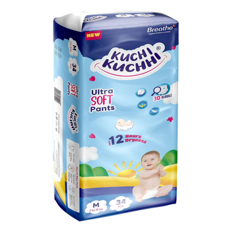 Kuchi Kuchhi 34 Pcs 7-12kg White Medium Ultra Soft Baby Diaper Pant with 3D Bubble Top, KKM34