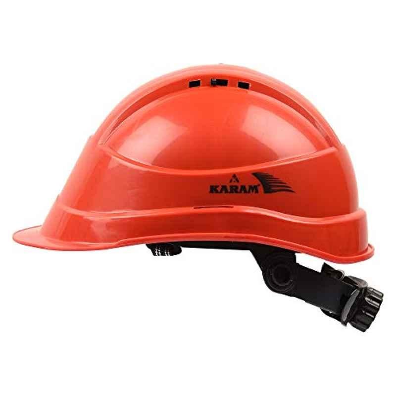 Karam Red Unassembled Safety Helmet Shelblast with Peak Plastic Cradle Ratchet Type Adjustment & Chin Strap, PN 542