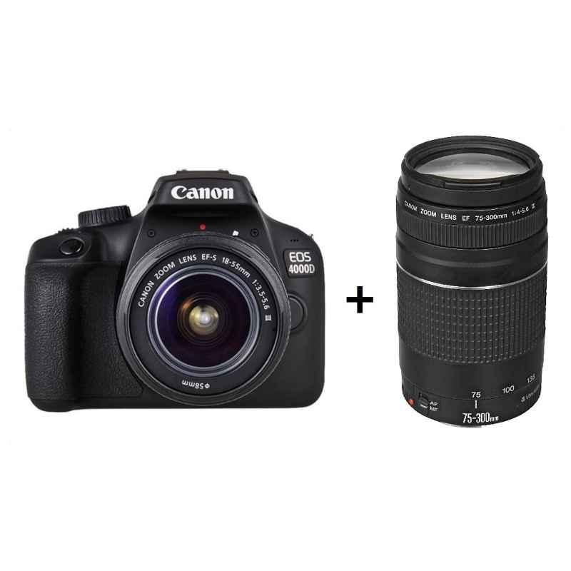 Canon EOS 4000D Black DSLR Camera with EF-S 18-55mm III Lens & EF 75-300mm Lens