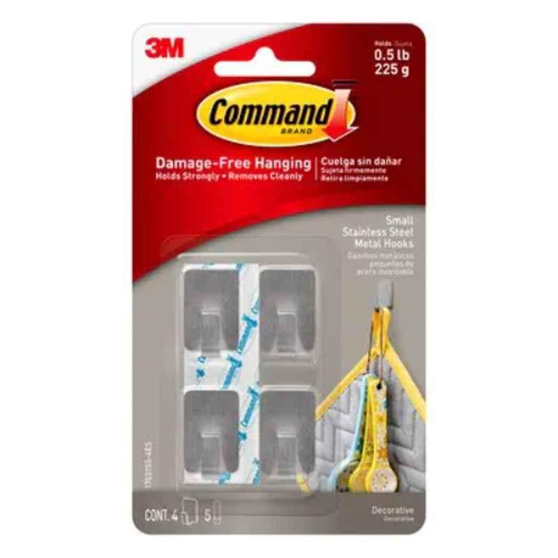 3M Command Small Stainless Steel Metal Hooks with Strips, 17031SS-4ES