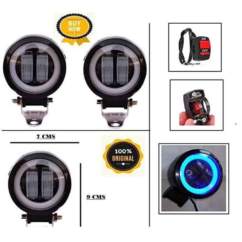AOW Harley Type Bike Led Fog Lamp Light Assembly White & Blue (Set of 2) with Switch for Bajaj Discover 150 F