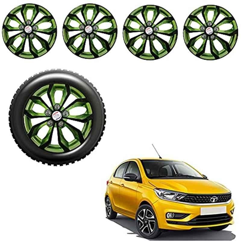 Auto Pearl 4 Pcs 14 inch Black & Green ABS Press Type Hubcap Wheel Cover Set with Retention Ring for Tata Tiago2020XTXZ