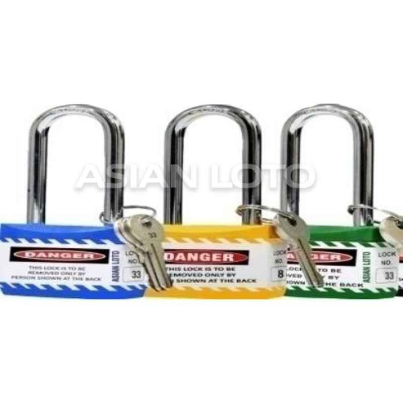 Asian Loto 3 Pcs Metal & Plastic Yellow, Green & Blue Long Shackle Jacket Padlock Set with 3 Keys, ALC-LPL
