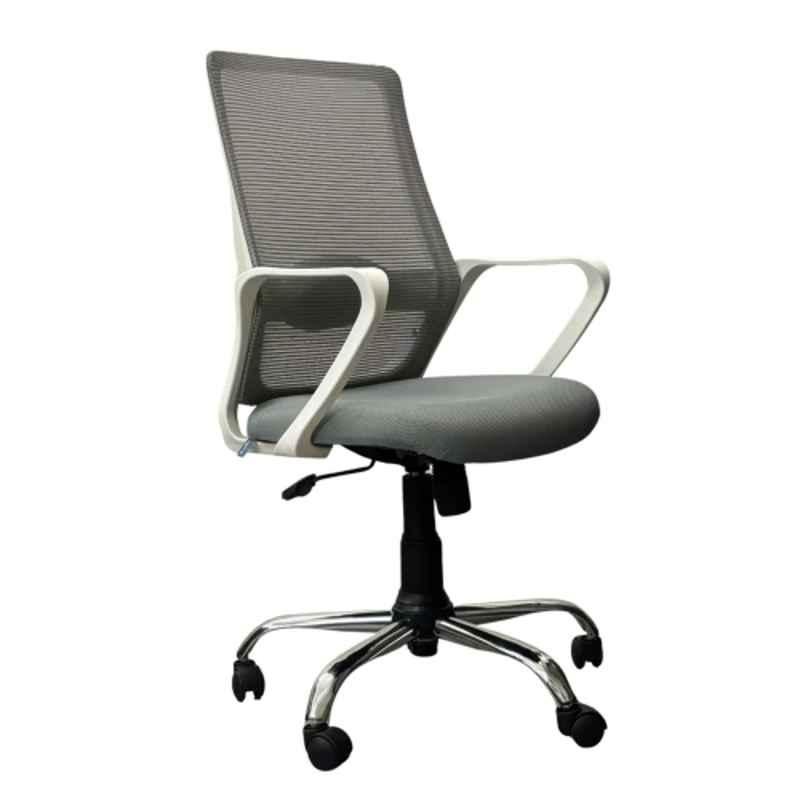 Woodberg Ace Fabric White & Grey Medium Back Ergonomic Office Chair with Fixed Armrests & Wheels, PF-6832