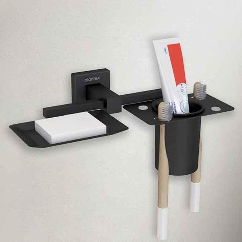 Plantex Soap Dish with Tumbler Holder/Soap Stand/Stainless Steel Soap Case with Toothbrush Holder/Bathroom Accessories Aqua Black