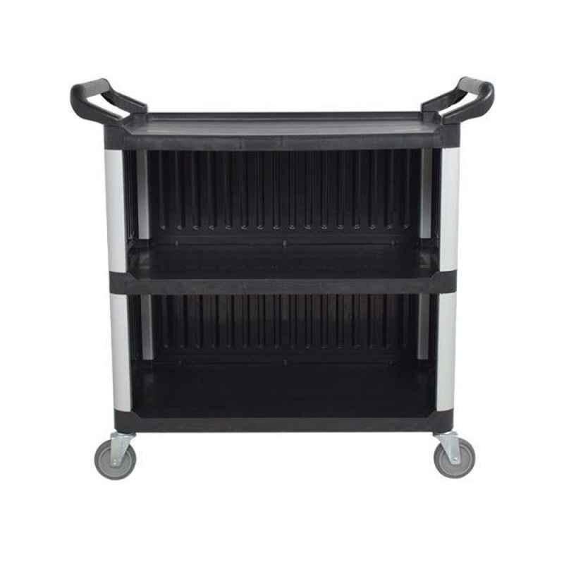 Bigapple 250kg Aluminium & Plastic Black & Grey Triple Platform Service Cart Trolley, TRL-SPH-SC-LARGE-COVERED-BLACK