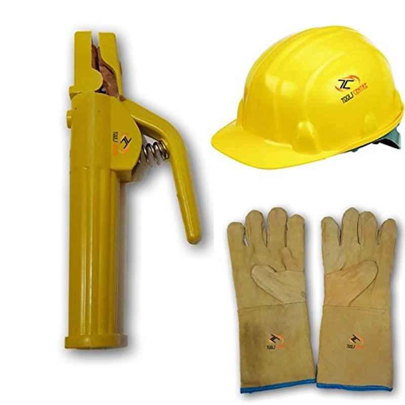 Krost Welding Holder With Safety Helmet And Leather Welding Gloves, Medium, Yellow