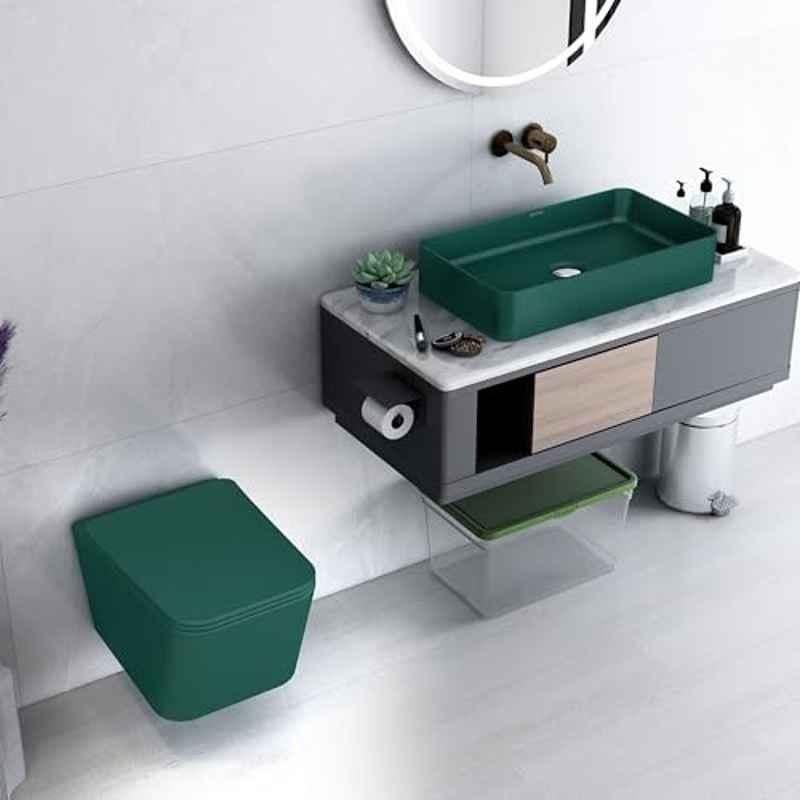 Plantex Ceramic Aqua Green Rimless P Trap Wall Hung Western Commode with Rectangular Wash Basin Set