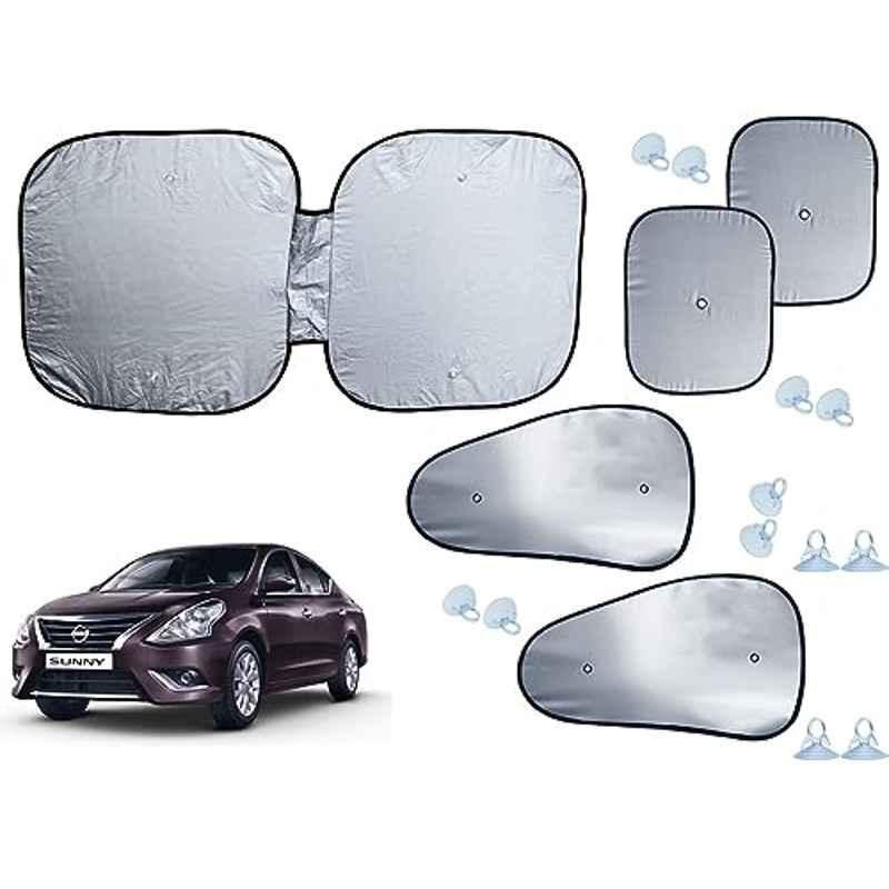 Auto Pearl 5 Pcs Polyester Black & Silver Window & Front Sun Shade Set for Nissan Sunny 2015