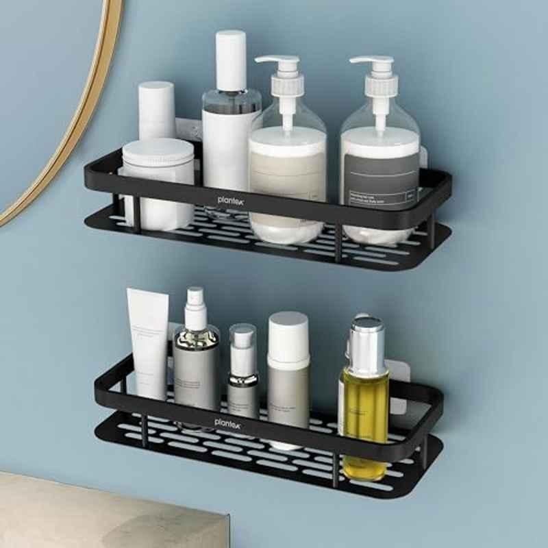 Plantex Bathroom Organiser Without Drill/Self Adhesive Stainless Steel Shelf for Bathroom with Aluminium Railing- Pack of 2 (12x5 inch, Black)