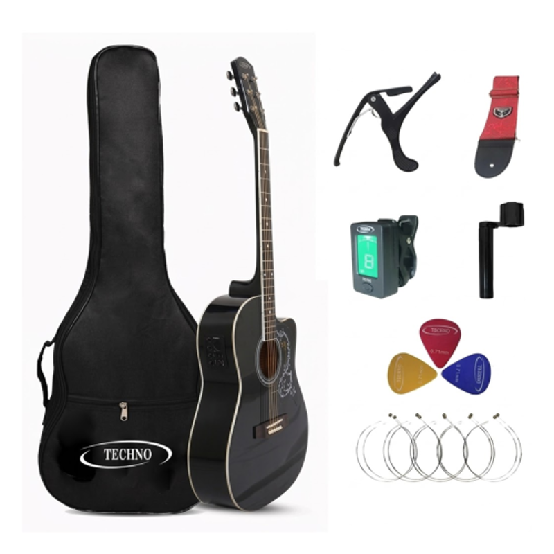Techno 41 inch Mahogany & Spruce Black Glossy Finish Right Hand Orientation Acoustic Guitar for Professionals, RJ-041