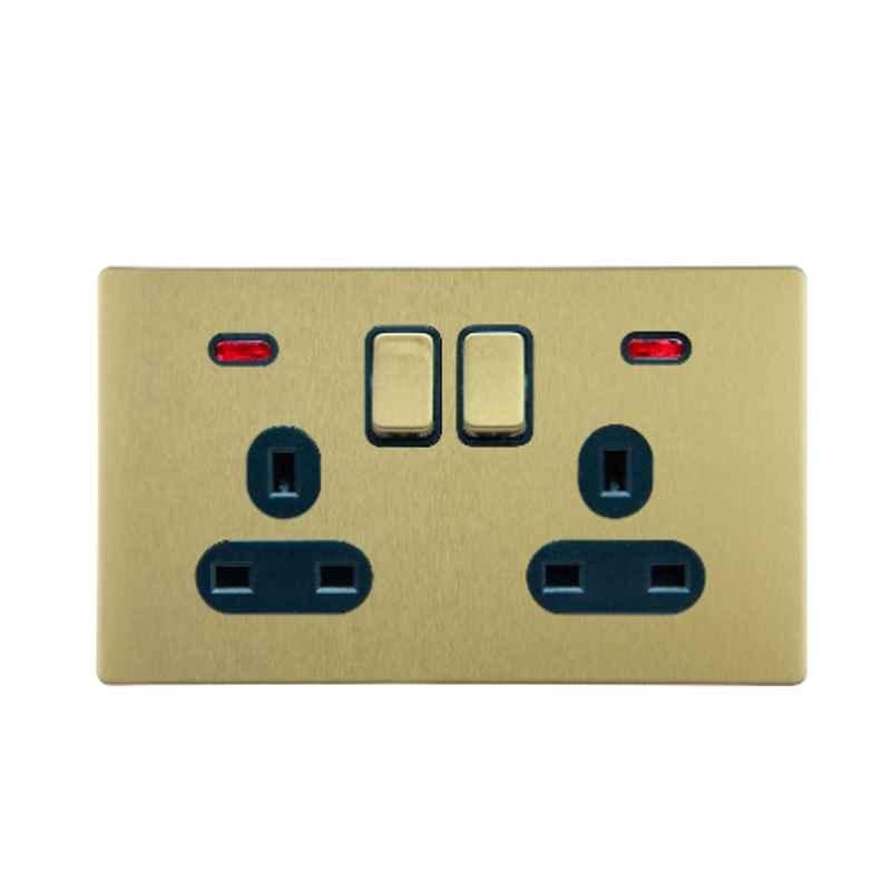 RR Vivan Metallic 13A Brushed Gold DP Twin Outlet Switched Socket with Neon & Black Insert, VN6665M-B-BG